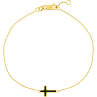 Olas d'Oro - 14K Yellow Gold Sideways Cross Bracelet with Black Enamel Detail