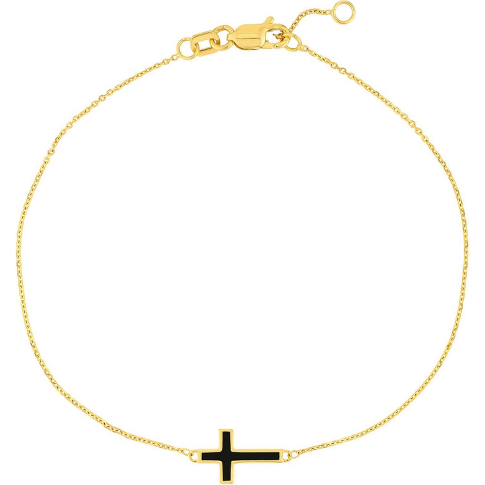 Olas d'Oro - 14K Yellow Gold Sideways Cross Bracelet with Black Enamel Detail