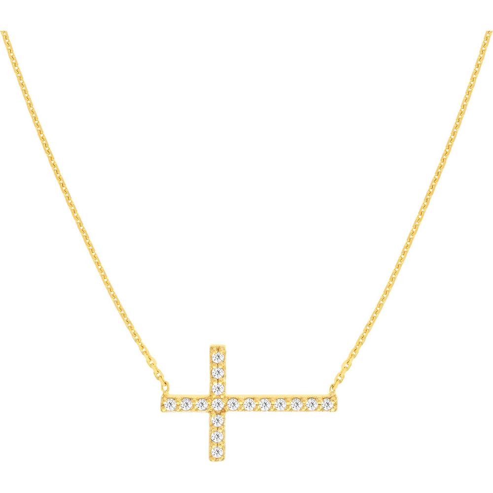 Olas d'Oro - 14K Yellow Gold Sideways Cross Necklace with 1/5 Total Carat Weight Diamonds
