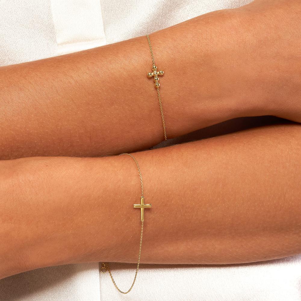 Olas d'Oro - 14K Yellow Gold Sideways Mini Cross Adjustable Bracelet - 1.04 Grams Average Weight