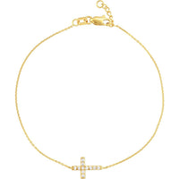 Olas d'Oro - 14K Yellow Gold Sideways Mini CZ Cross Adjustable Bracelet - 1.21 Grams