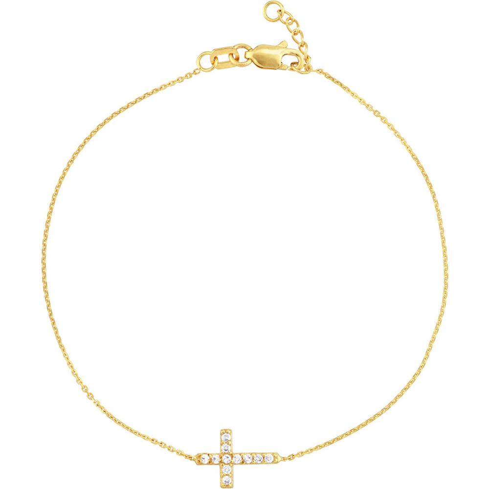 Olas d'Oro - 14K Yellow Gold Sideways Mini CZ Cross Adjustable Bracelet - 1.21 Grams