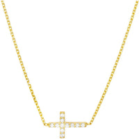 Olas d'Oro - 14K Yellow Gold Sideways Mini CZ Cross Adjustable Necklace - Faith and Sparkle in a Modern Design