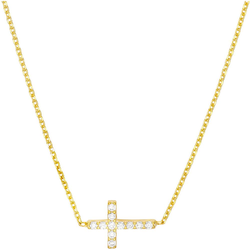 Olas d'Oro - 14K Yellow Gold Sideways Mini CZ Cross Adjustable Necklace - Faith and Sparkle in a Modern Design