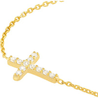 Olas d'Oro - 14K Yellow Gold Sideways Mini CZ Cross Adjustable Necklace - Faith and Sparkle in a Modern Design