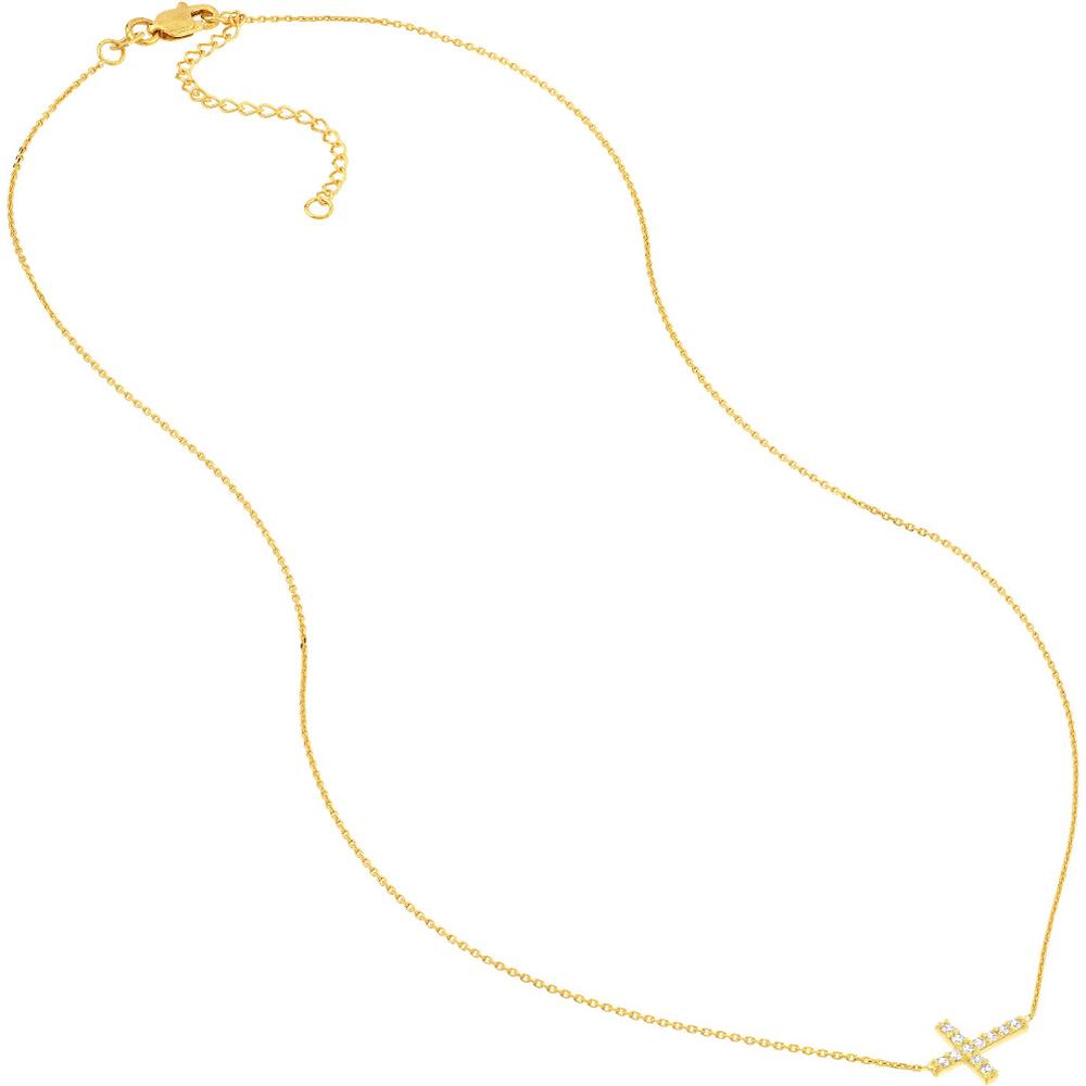 Olas d'Oro - 14K Yellow Gold Sideways Mini CZ Cross Adjustable Necklace - Faith and Sparkle in a Modern Design