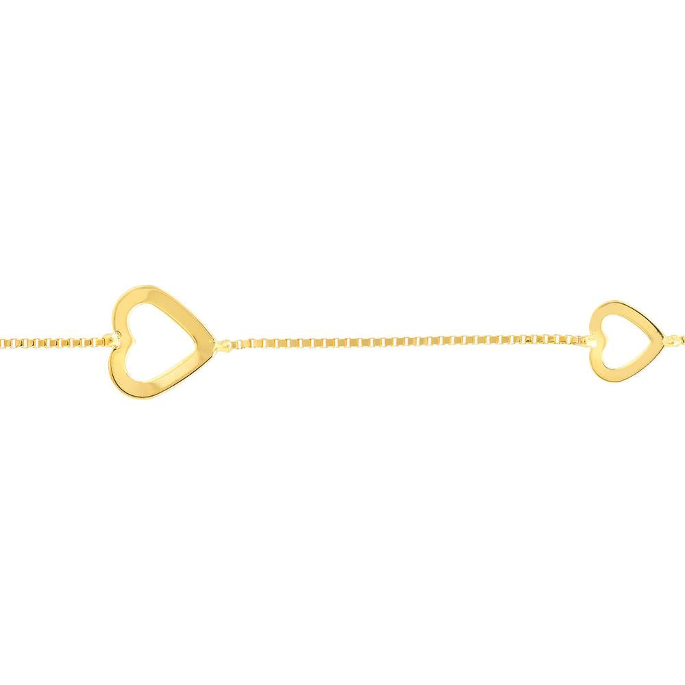 Olas d'Oro - 14K Yellow Gold Sideways Open Hearts Adjustable Anklet with Box Chain