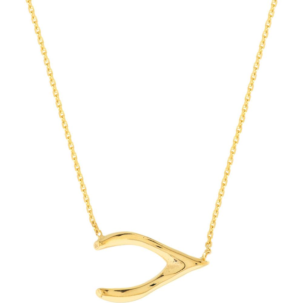 Olas d'Oro - 14K Yellow Gold Sideways Wishbone Adjustable Necklace Luck and Fortune Symbol
