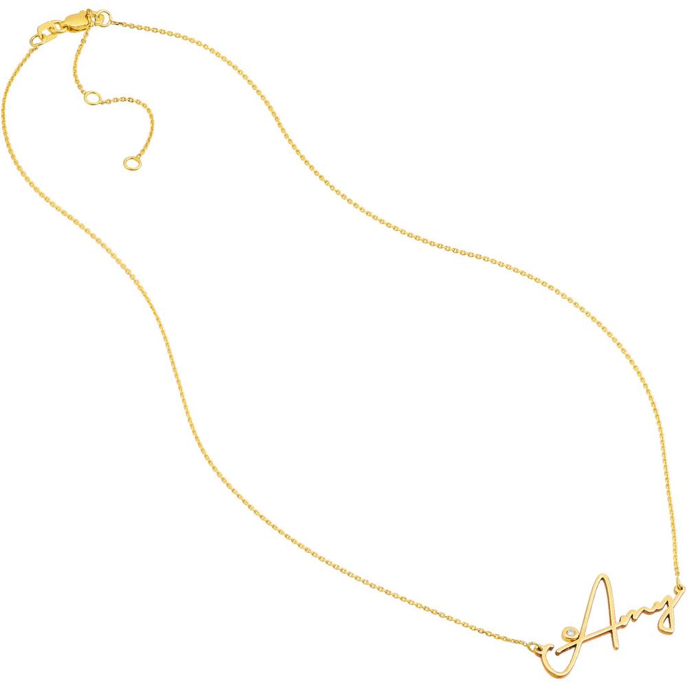 Olas d'Oro - 14K Yellow Gold Signature Diamond Bezel Nameplate Necklace with 1.7mm Diamond - 0.02 Carat Total Diamond Weight