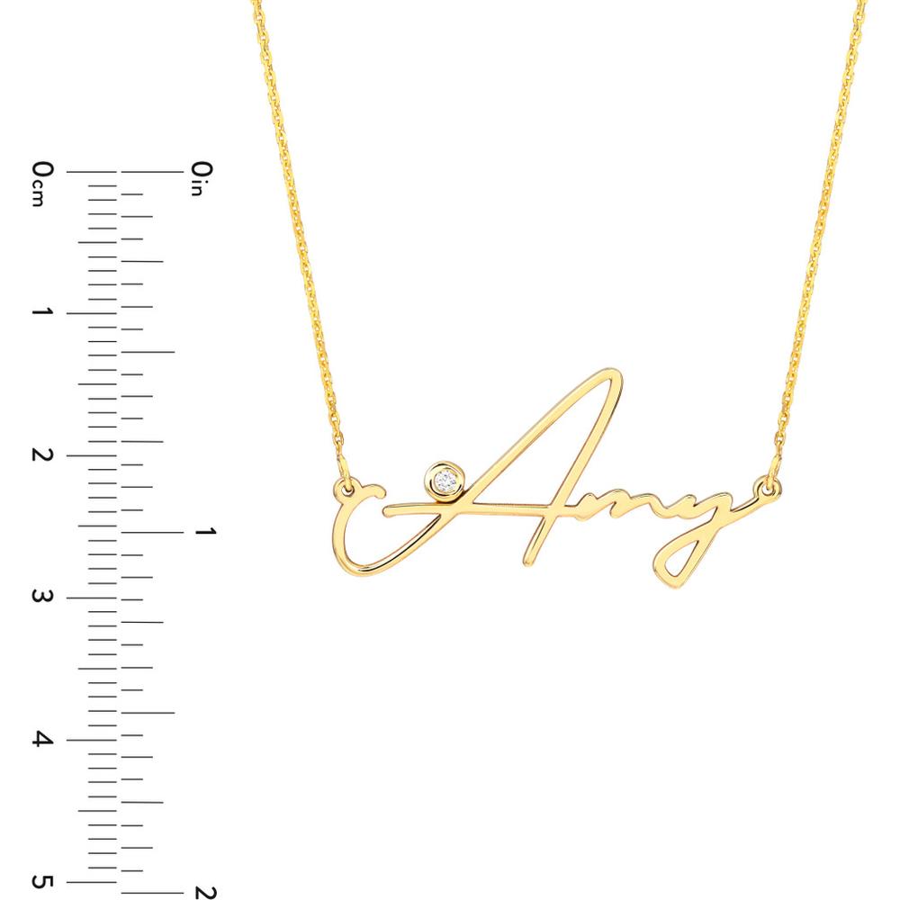 Olas d'Oro - 14K Yellow Gold Signature Diamond Bezel Nameplate Necklace with 1.7mm Diamond - 0.02 Carat Total Diamond Weight