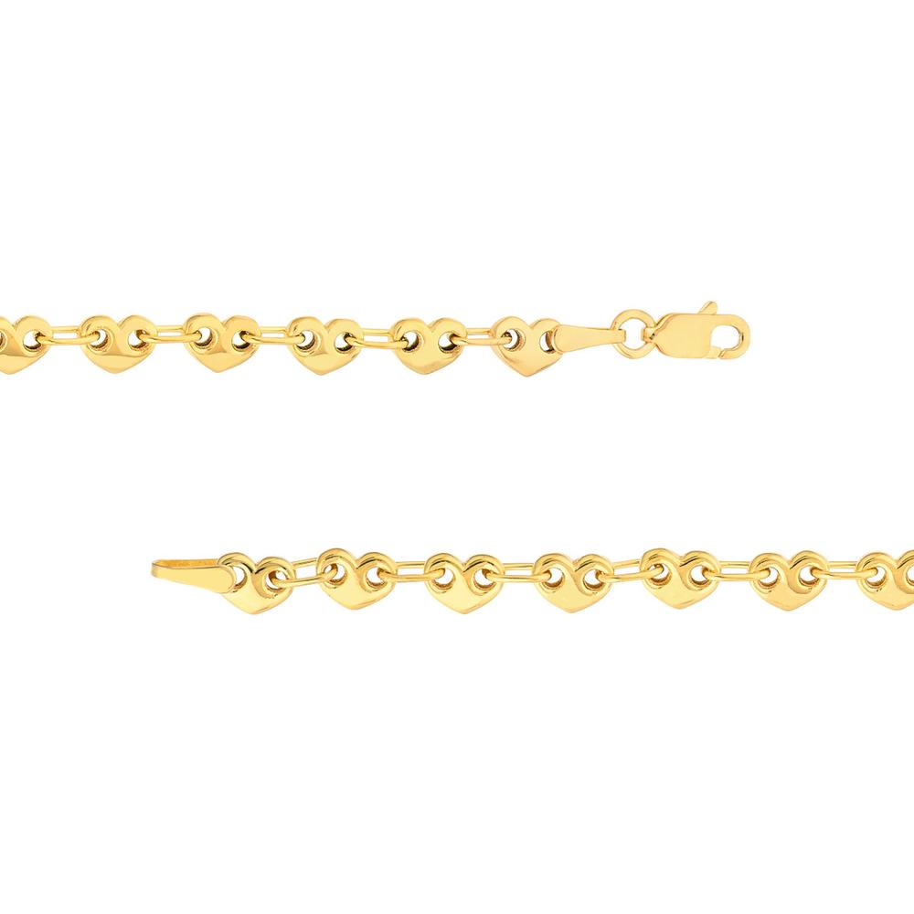 Olas d'Oro - 14K Yellow Gold Small Heart Link Chain Bracelet - 7.25" Length, Solid Gold