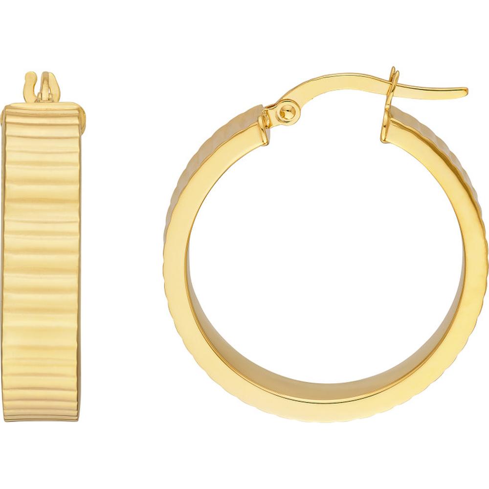 Olas d'Oro - 14K Yellow Gold Textured 20mm Round Hoop Earrings with Hinge Closure - 3.00 Grams Total Weight