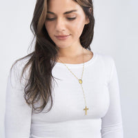 Olas d'Oro - 14K Yellow Gold Traditional Rosary Necklace with Cross and 2" Extender