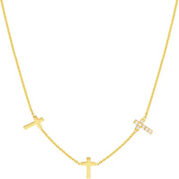 Olas d'Oro - 14K Yellow Gold Triple Cross with Diamond Pendant Necklace - 1/15tcw Diamond Weight
