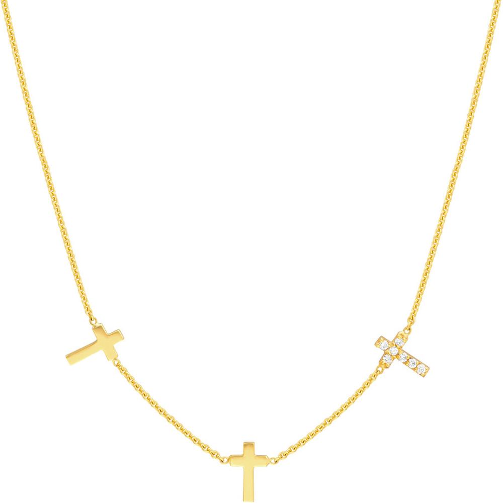 Olas d'Oro - 14K Yellow Gold Triple Cross with Diamond Pendant Necklace - 1/15tcw Diamond Weight