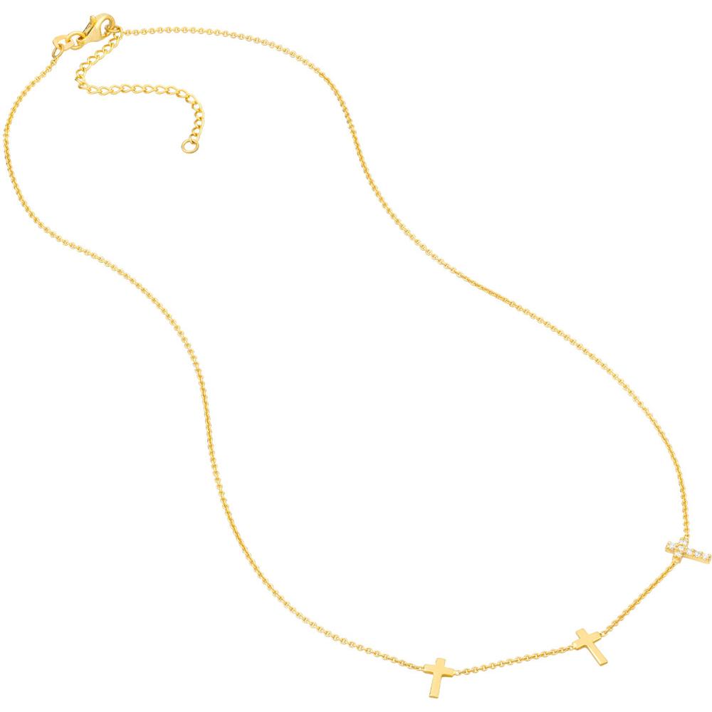 Olas d'Oro - 14K Yellow Gold Triple Cross with Diamond Pendant Necklace - 1/15tcw Diamond Weight