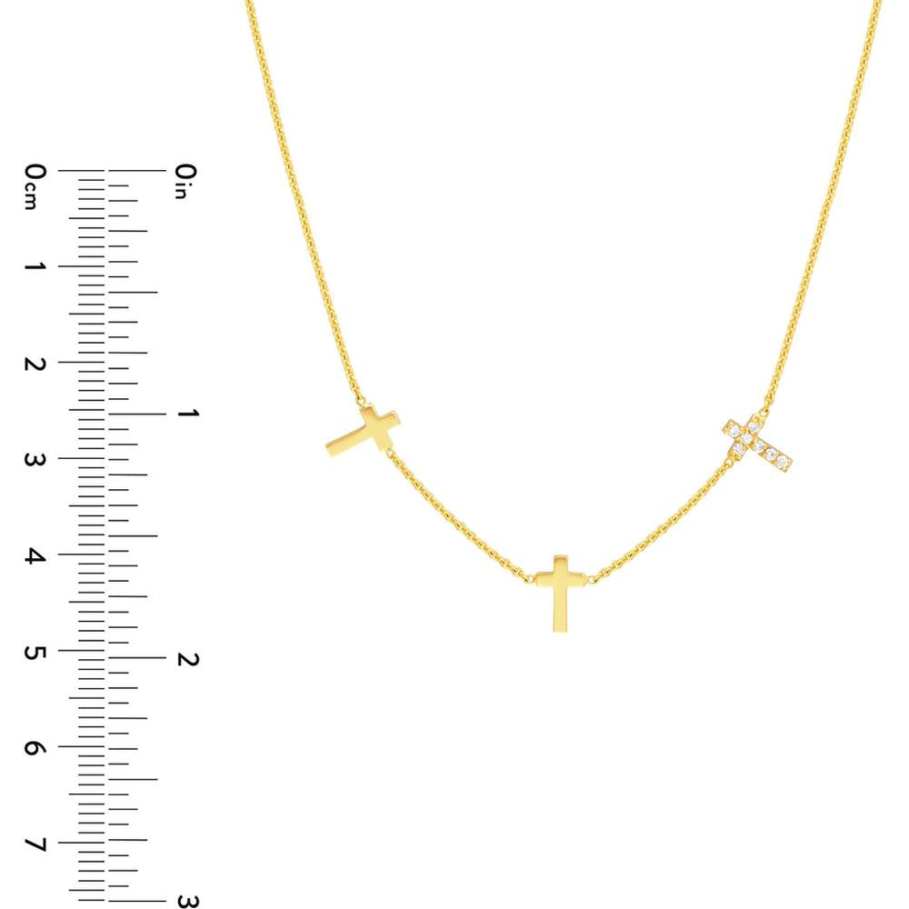 Olas d'Oro - 14K Yellow Gold Triple Cross with Diamond Pendant Necklace - 1/15tcw Diamond Weight