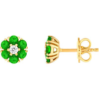 Olas d'Oro - 14K Yellow Gold Tsavorite & Diamond Cluster Stud Earrings - 0.81 Carat Total Tsavorite Weight, 0.13 Carat Total Diamond Weight