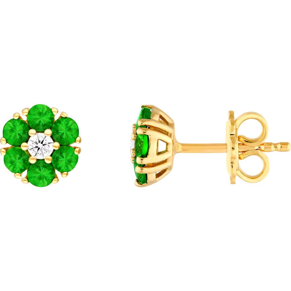 Olas d'Oro - 14K Yellow Gold Tsavorite & Diamond Cluster Stud Earrings - 0.81 Carat Total Tsavorite Weight, 0.13 Carat Total Diamond Weight