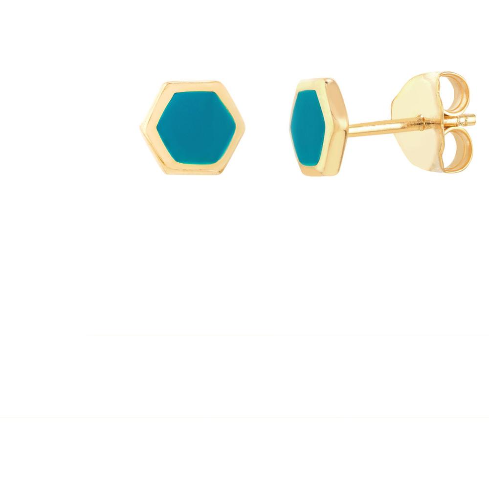 Olas d'Oro - 14K Yellow Gold Turquoise Enamel Hexagon Stud Earrings - 1.07 Grams Total Weight