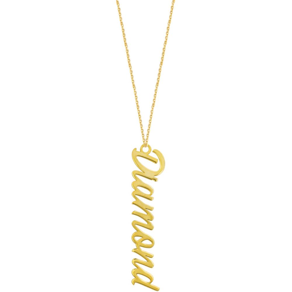Olas d'Oro - 14K Yellow Gold Vertical Script Pendant Necklace - Customizable Message, 7mm