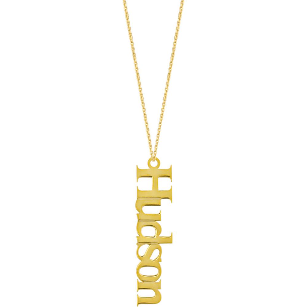Olas d'Oro - 14K Yellow Gold Vertical Typewriter Font Pendant Necklace 7mm Customizable Message