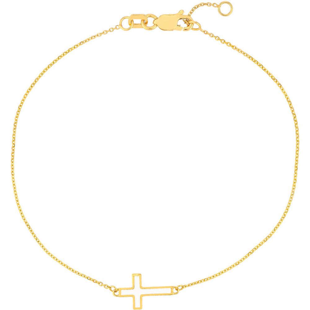 Olas d'Oro - 14K Yellow Gold White Enamel Sideways Cross Bracelet - Adjustable
