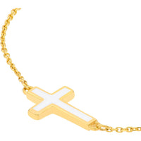 Olas d'Oro - 14K Yellow Gold White Enamel Sideways Cross Bracelet - Adjustable
