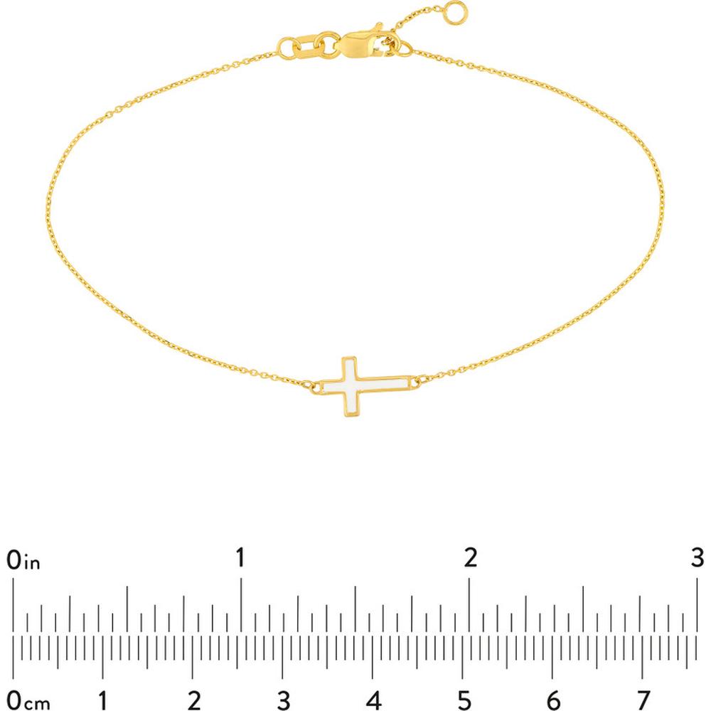 Olas d'Oro - 14K Yellow Gold White Enamel Sideways Cross Bracelet - Adjustable