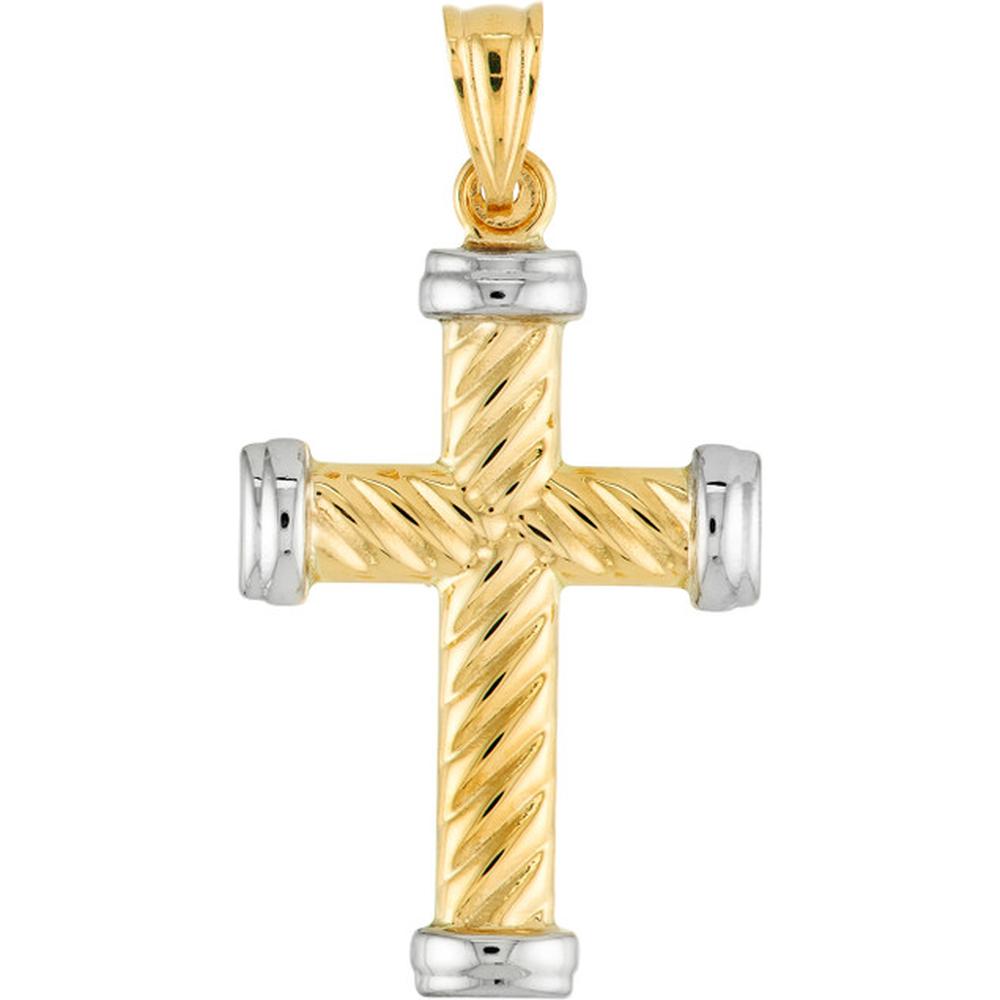 Olas d'Oro - 14K Yellow/White Gold Two-Tone Twisted Rope Cross Pendant - 1.20g Total Weight