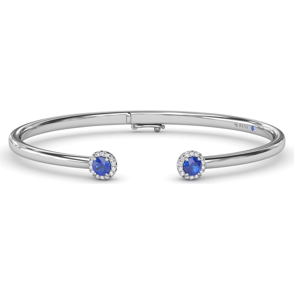 Open Cuff Bangle with Halo Set Round Sapphires and Pavé Diamonds by Fana - 0.82 Carat Total Gemstone Weight