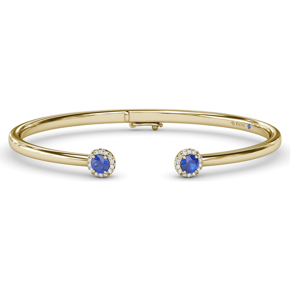 Open Cuff Bangle with Halo Set Round Sapphires and Pavé Diamonds by Fana - 0.82 Carat Total Gemstone Weight