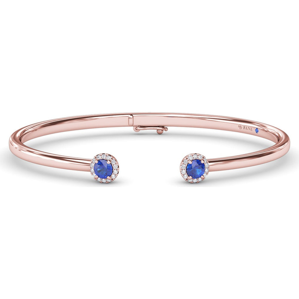 Open Cuff Bangle with Halo Set Round Sapphires and Pavé Diamonds by Fana - 0.82 Carat Total Gemstone Weight