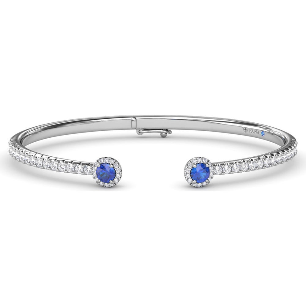 Open Cuff Bangle with Round Blue Sapphire Halos and Pavé Diamonds by Fana - 2.02 Carat Total Gemstone Weight