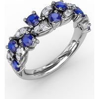 Openwork Band with Round Blue Sapphires and Pavé Diamond Marquise Motifs by Fana - 1.04 Carat Total Gemstone Weight