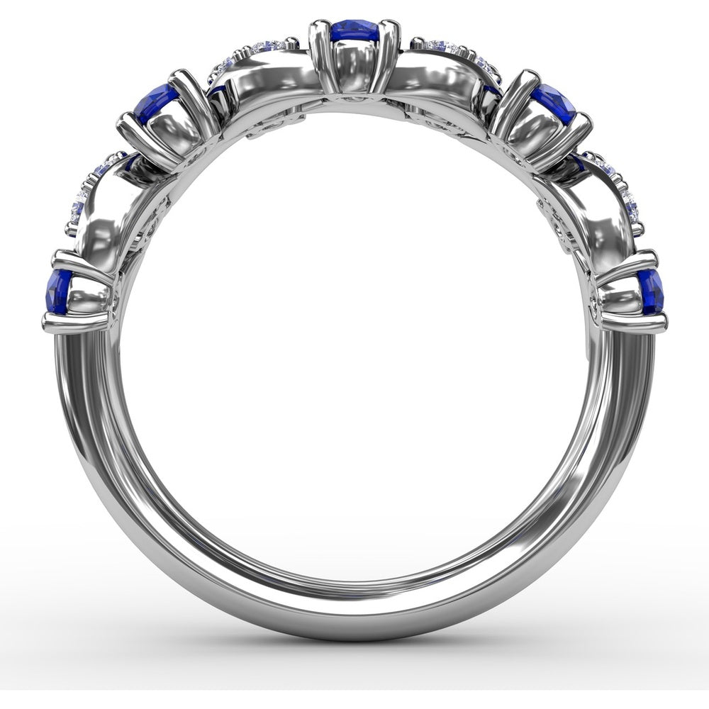 Openwork Band with Round Blue Sapphires and Pavé Diamond Marquise Motifs by Fana - 1.04 Carat Total Gemstone Weight