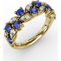 Openwork Band with Round Blue Sapphires and Pavé Diamond Marquise Motifs by Fana - 1.04 Carat Total Gemstone Weight