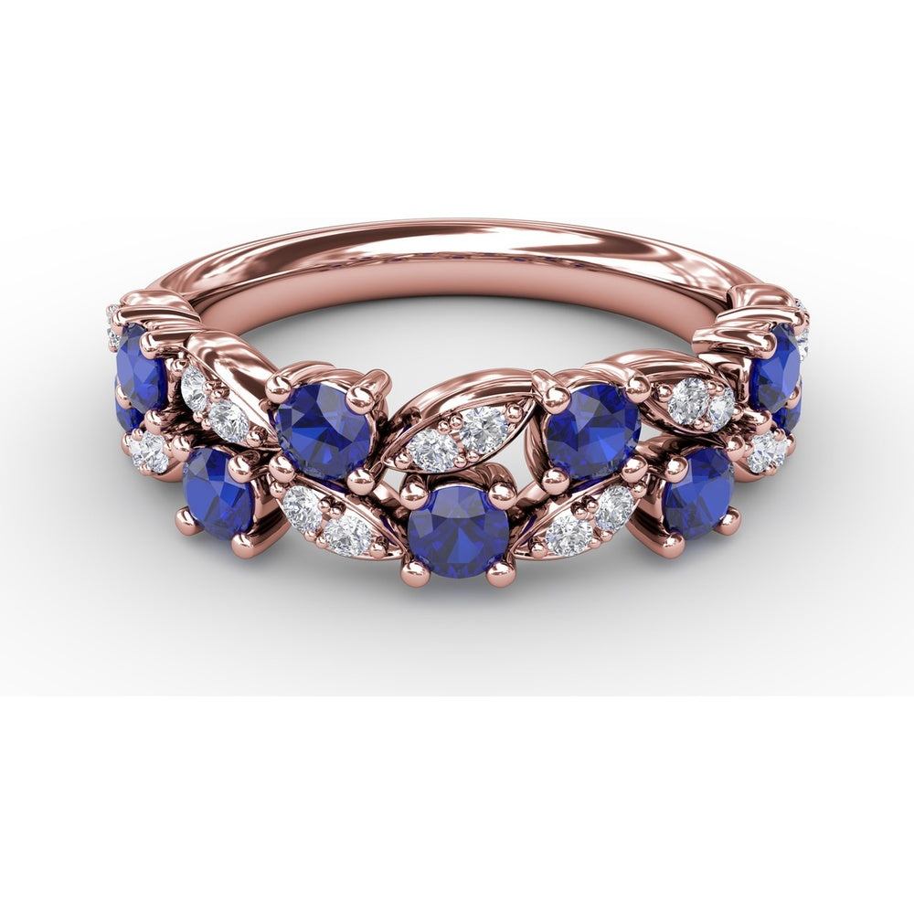 Openwork Band with Round Blue Sapphires and Pavé Diamond Marquise Motifs by Fana - 1.04 Carat Total Gemstone Weight
