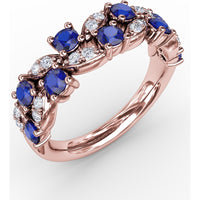 Openwork Band with Round Blue Sapphires and Pavé Diamond Marquise Motifs by Fana - 1.04 Carat Total Gemstone Weight