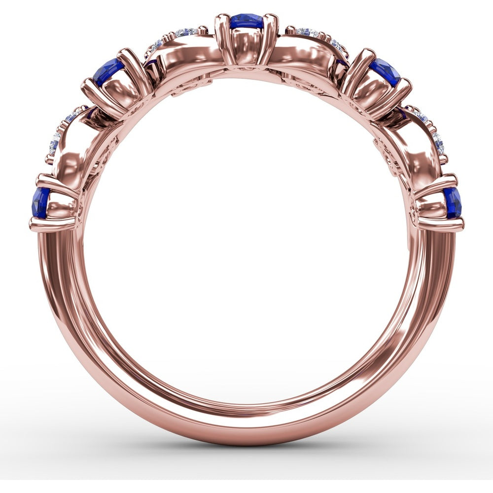Openwork Band with Round Blue Sapphires and Pavé Diamond Marquise Motifs by Fana - 1.04 Carat Total Gemstone Weight