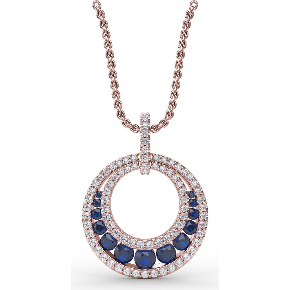 Openwork Circle Pendant with Pavé Diamonds and Round Blue Sapphires by Fana - 1.14 Carat Total Gemstone Weight