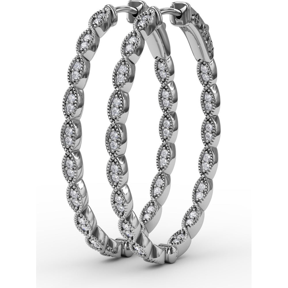 Openwork Filigree Hoop Earrings with Milgrain Bezel Set Round Diamonds by Fana - 0.46 Carat Total Diamond Weight