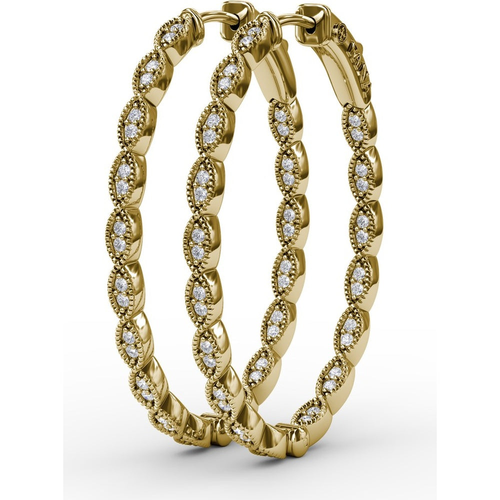 Openwork Filigree Hoop Earrings with Milgrain Bezel Set Round Diamonds by Fana - 0.46 Carat Total Diamond Weight