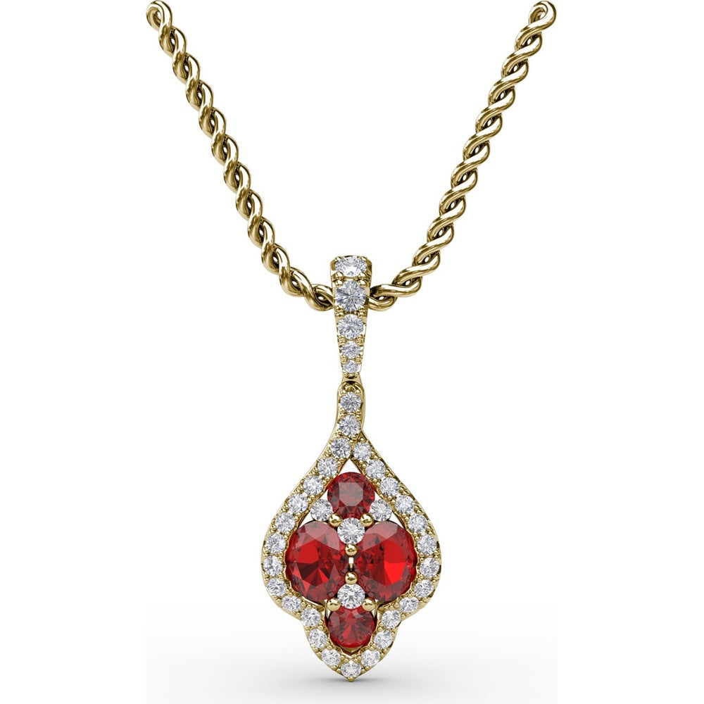 Openwork Halo Pendant with Round Rubies and Pavé Diamonds by Fana - 1.66 Carat Total Gemstone Weight