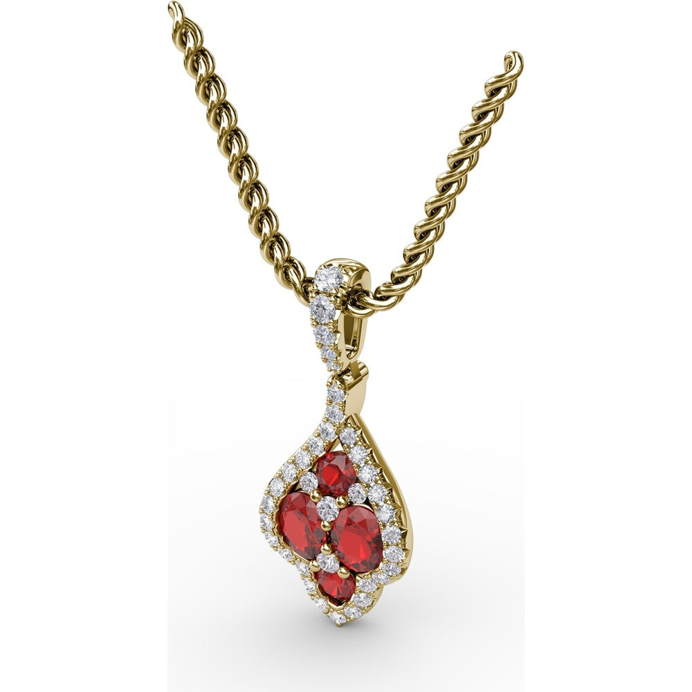 Openwork Halo Pendant with Round Rubies and Pavé Diamonds by Fana - 1.66 Carat Total Gemstone Weight