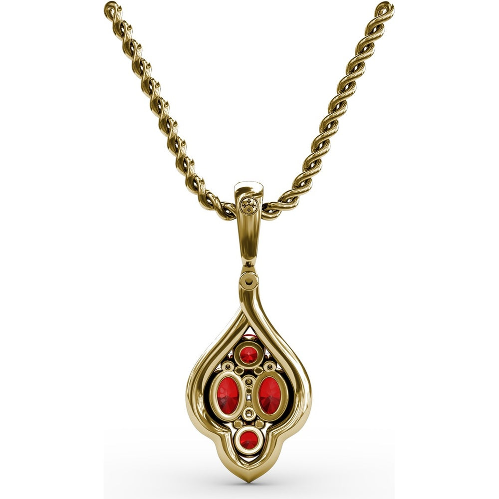 Openwork Halo Pendant with Round Rubies and Pavé Diamonds by Fana - 1.66 Carat Total Gemstone Weight