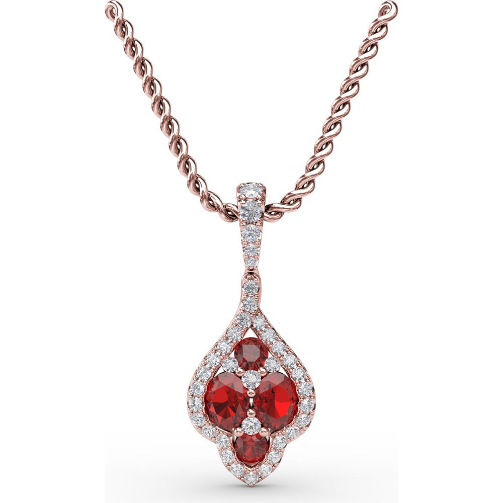 Openwork Halo Pendant with Round Rubies and Pavé Diamonds by Fana - 1.66 Carat Total Gemstone Weight