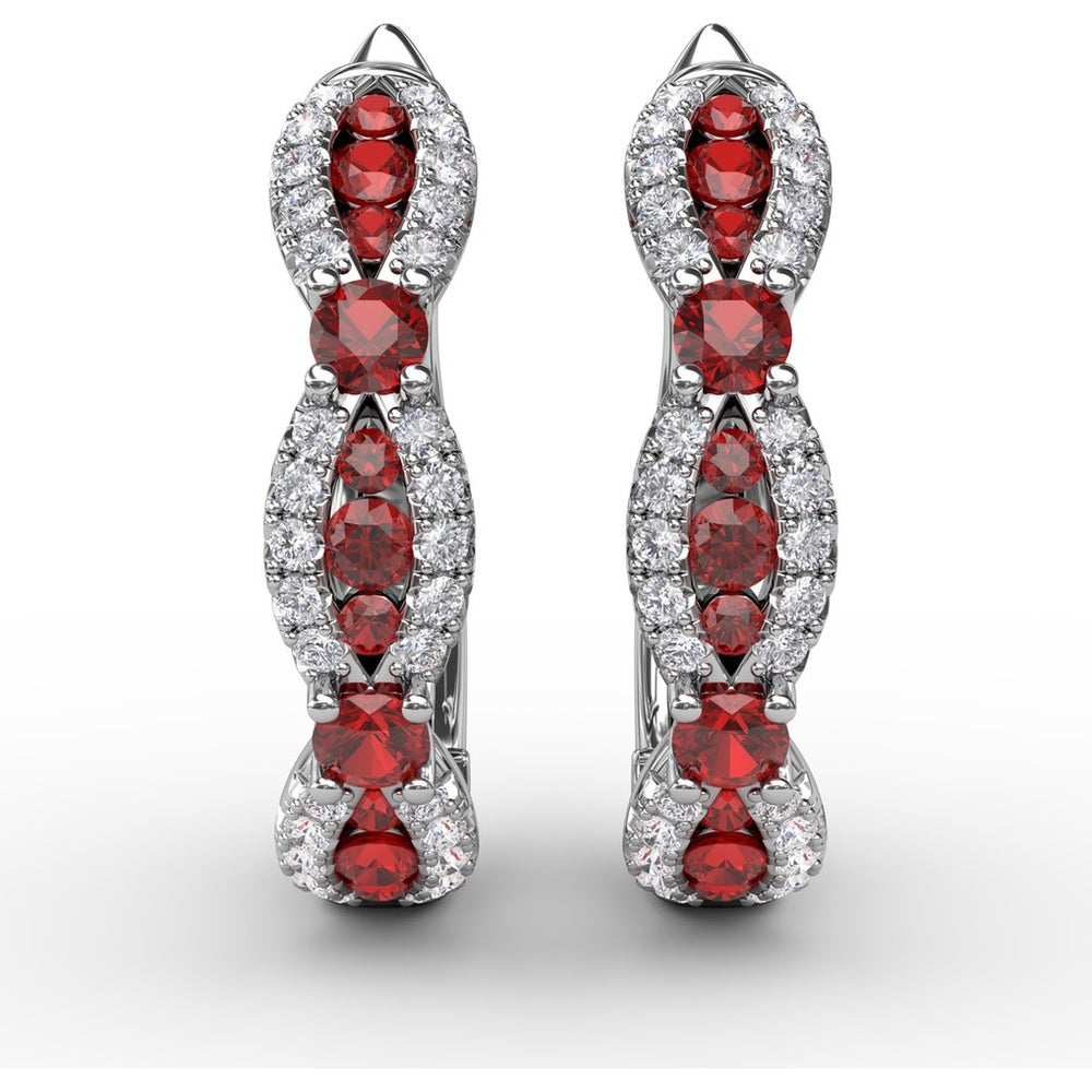 Openwork Hoop Earrings with Pavé Diamonds and Round Rubies by Fana - 1.24 Carat Total Gemstone Weight