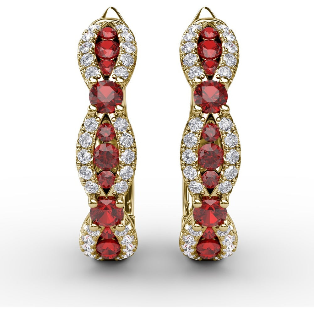 Openwork Hoop Earrings with Pavé Diamonds and Round Rubies by Fana - 1.24 Carat Total Gemstone Weight