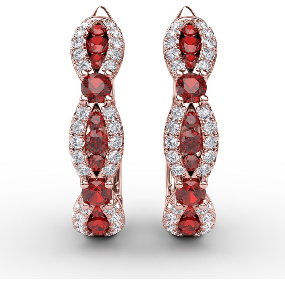 Openwork Hoop Earrings with Pavé Diamonds and Round Rubies by Fana - 1.24 Carat Total Gemstone Weight